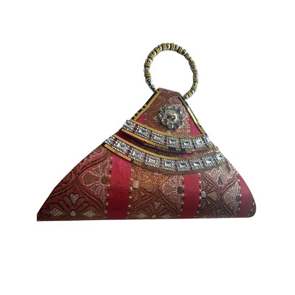 Vintage Triangle Fun Party Hippy Mirrored Boho Mini Handbag Beaded Handle 70s - Picture 4 of 10